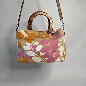 Relic Semi‑Circle Wooden Handle Purse • Floral Canvas • Snap Closure •Medium Bag
